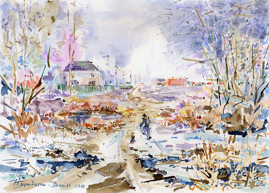 Улица Трублаини (Трублаїні) в Киеве,б.,а.,21*30 см,2010) Trublaini Street in Kyiv (watercolor,8*12